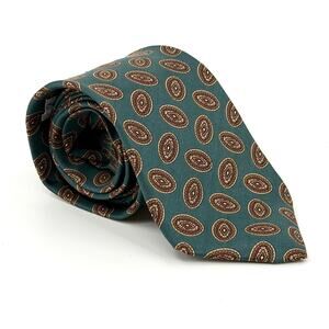 Vintage 90s Halston Blue Green Foulard Geometric Silk Tie